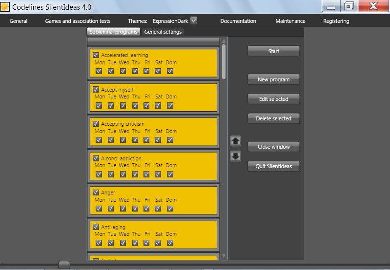 Main window of the subliminal messages software