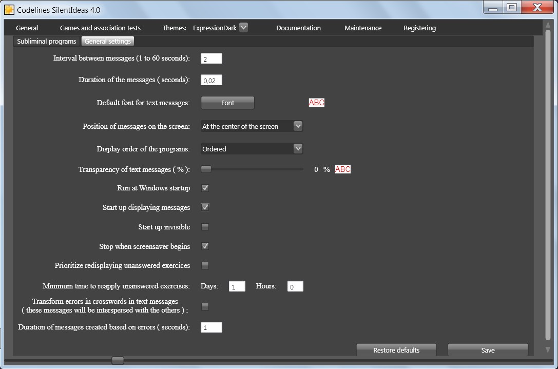 General settings of the subliminal messages software